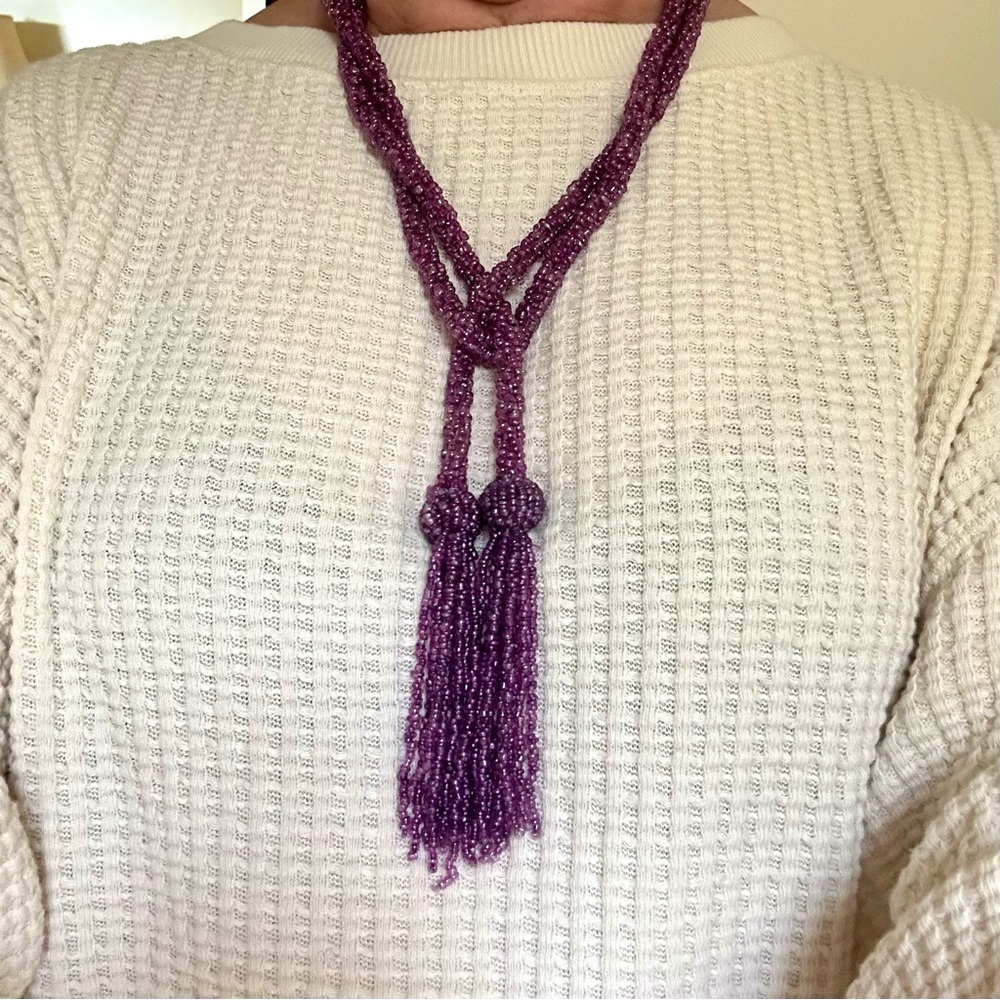 Flapper-Style Purple Rope Beaded Lariat Necklace